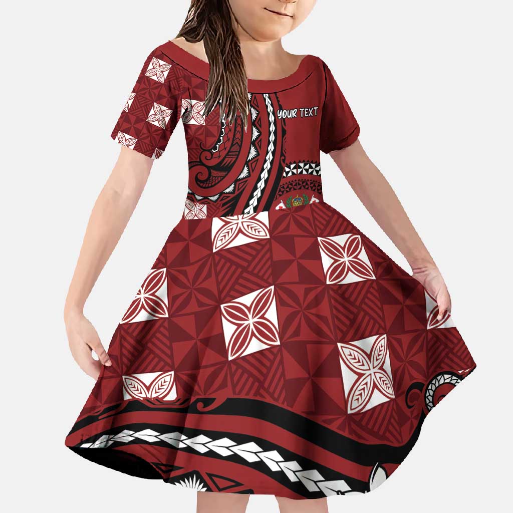 Personalized Tonga Ngatu Family Matching Tank Maxi Dress and Hawaiian Shirt Iconic Red Manulua Motifs LT7 Daughter's Dress Red - Polynesian Pride