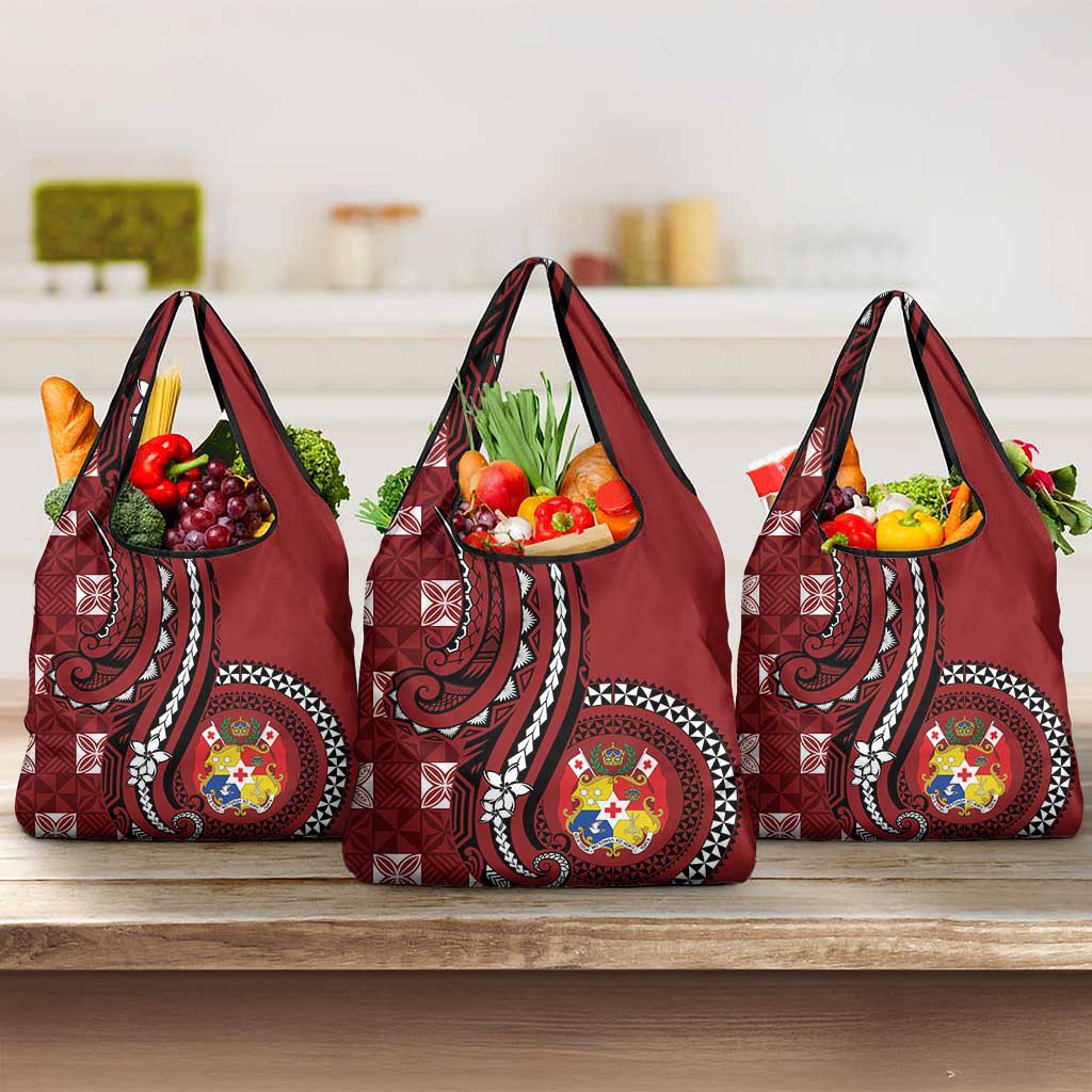 Tonga Ngatu Grocery Bag Iconic Red Manulua Motifs