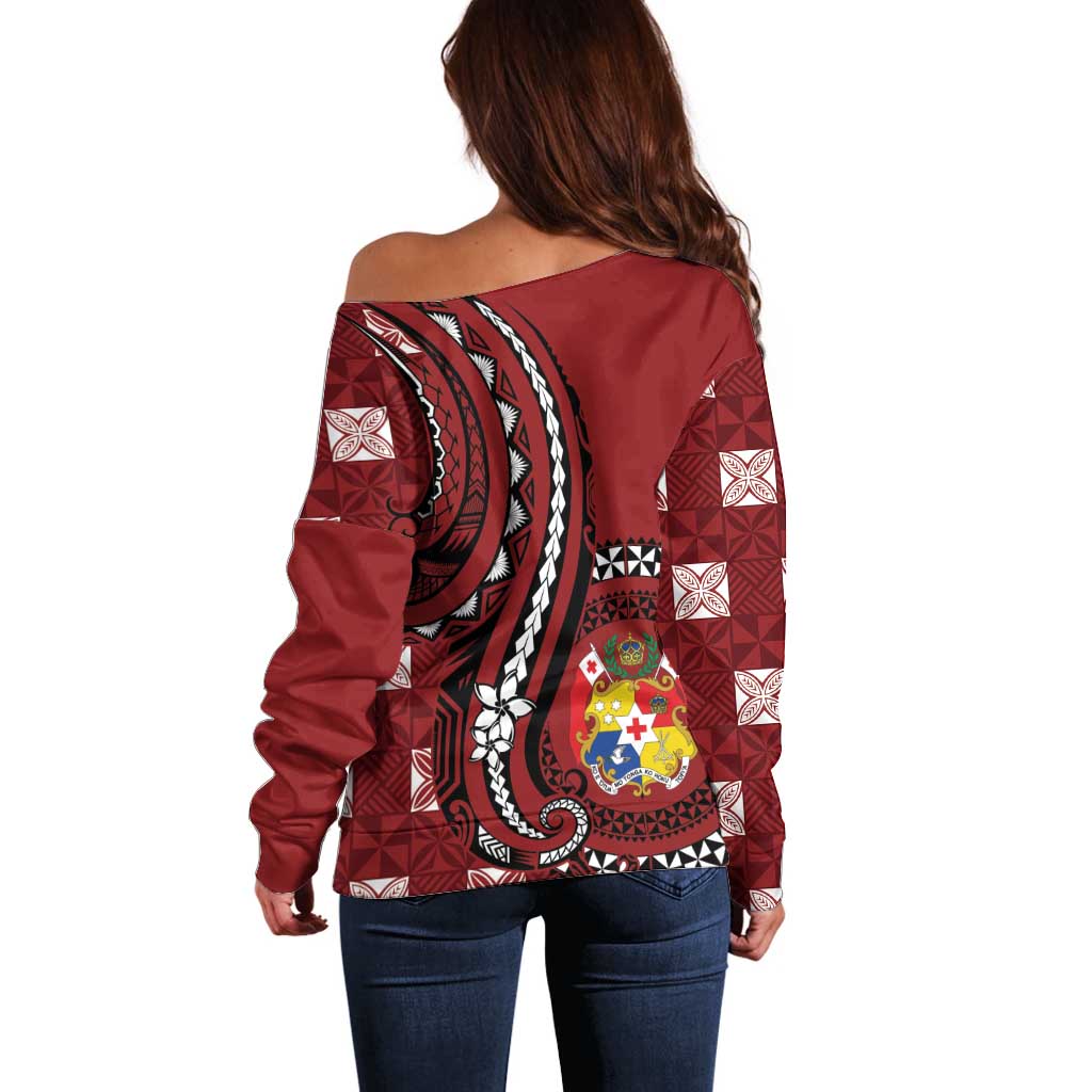 Personalized Tonga Ngatu Off Shoulder Sweater Iconic Red Manulua Motifs