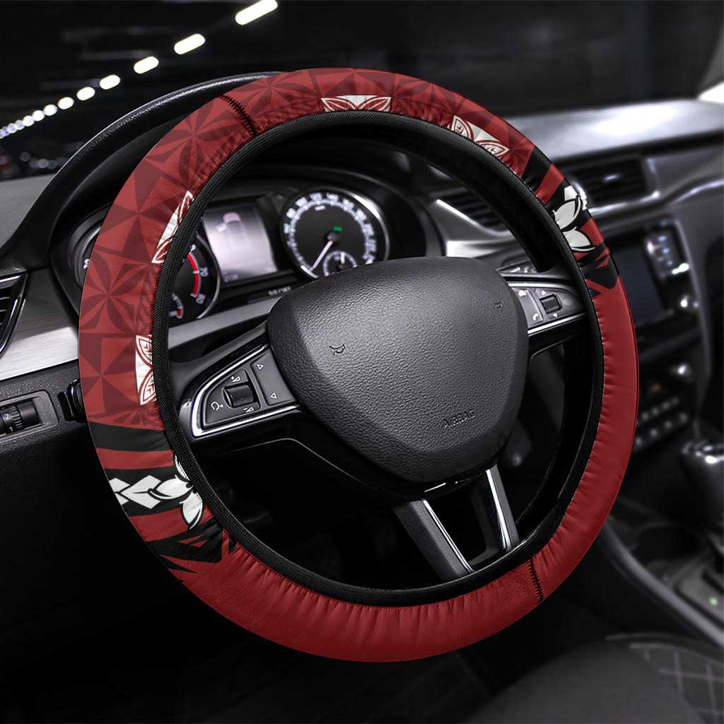Tonga Ngatu Steering Wheel Cover Iconic Red Manulua Motifs