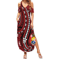 Personalized Tonga Ngatu Summer Maxi Dress Iconic Red Manulua Motifs LT7 Women Red - Polynesian Pride