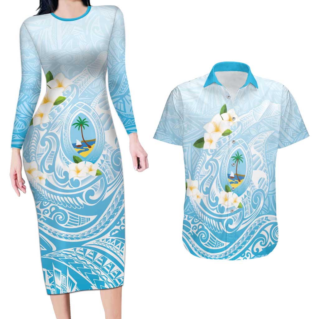 Guam Fishhook Mix Guasali Flowers Couples Matching Long Sleeve Bodycon Dress and Hawaiian Shirt Dreaming Turquoise LT7 Turquoise - Polynesian Pride