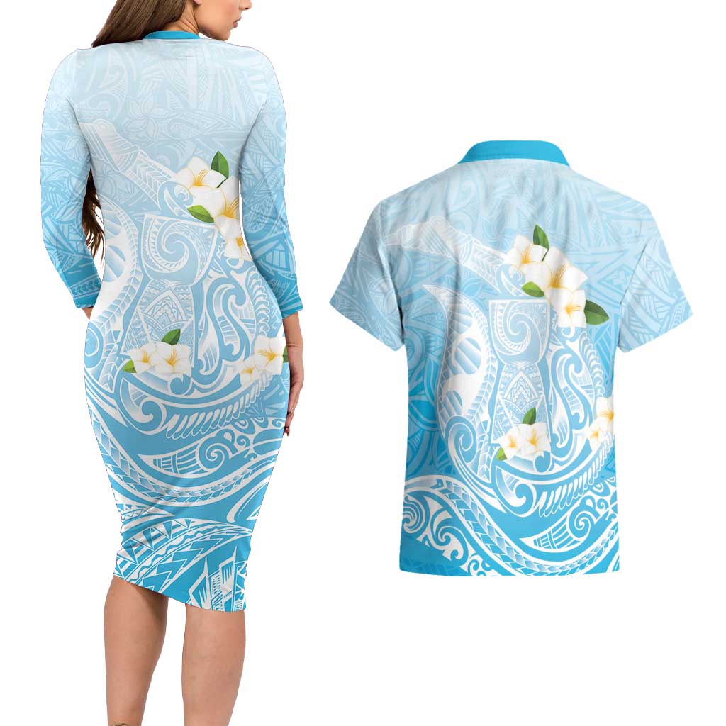 Guam Fishhook Mix Guasali Flowers Couples Matching Long Sleeve Bodycon Dress and Hawaiian Shirt Dreaming Turquoise LT7 - Polynesian Pride
