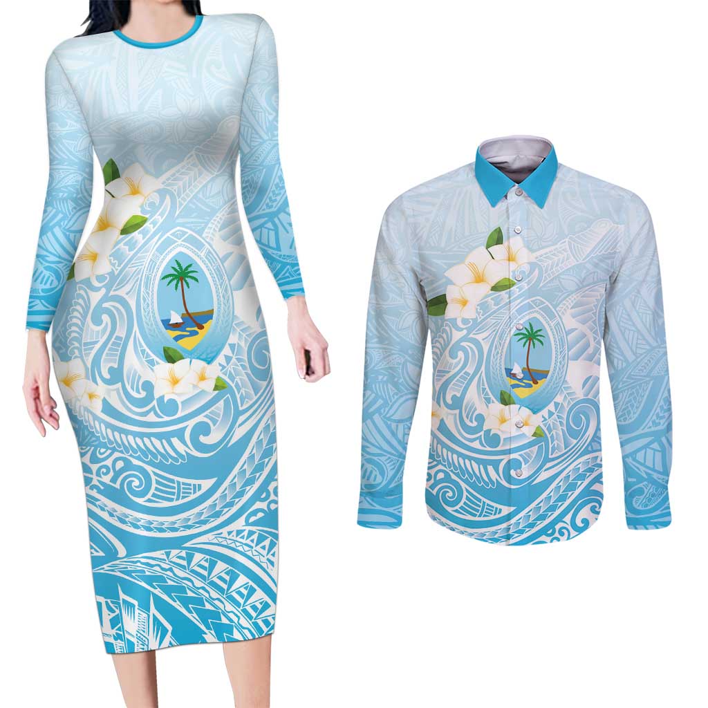 Guam Fishhook Mix Guasali Flowers Couples Matching Long Sleeve Bodycon Dress and Long Sleeve Button Shirt Dreaming Turquoise