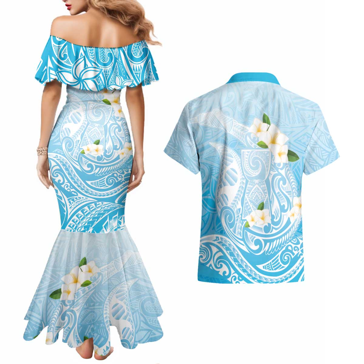Guam Fishhook Mix Guasali Flowers Couples Matching Mermaid Dress and Hawaiian Shirt Dreaming Turquoise LT7 - Polynesian Pride