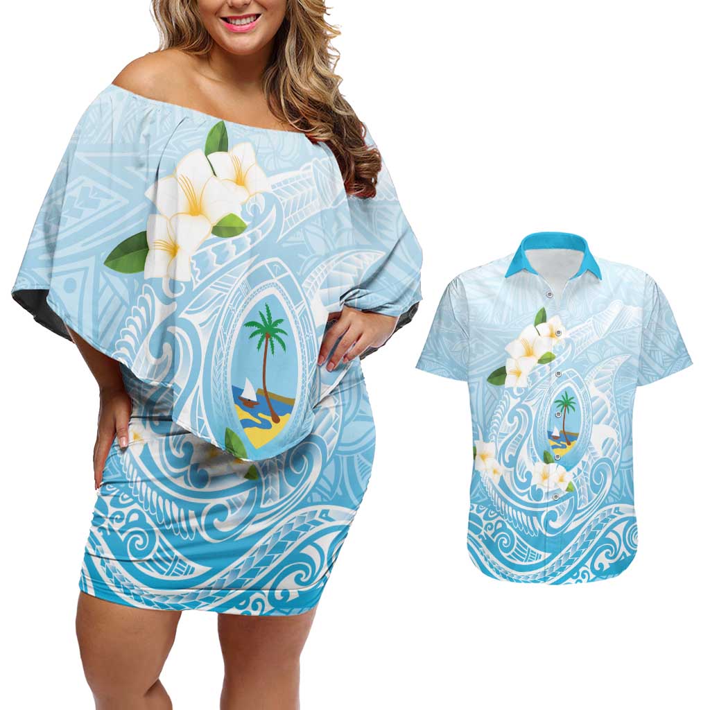Guam Fishhook Mix Guasali Flowers Couples Matching Off Shoulder Short Dress and Hawaiian Shirt Dreaming Turquoise LT7 Turquoise - Polynesian Pride