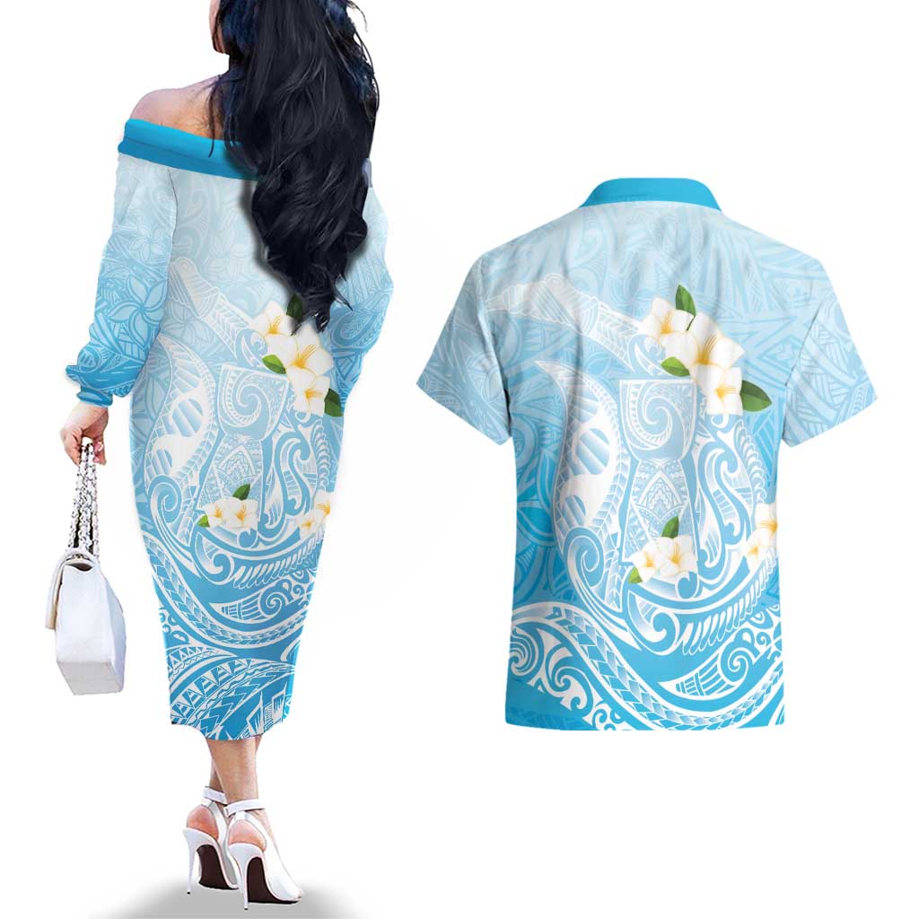 Guam Fishhook Mix Guasali Flowers Couples Matching Off The Shoulder Long Sleeve Dress and Hawaiian Shirt Dreaming Turquoise LT7 - Polynesian Pride