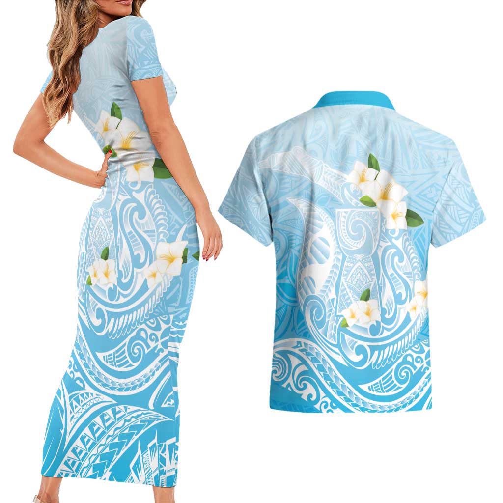 Guam Fishhook Mix Guasali Flowers Couples Matching Short Sleeve Bodycon Dress and Hawaiian Shirt Dreaming Turquoise LT7 - Polynesian Pride