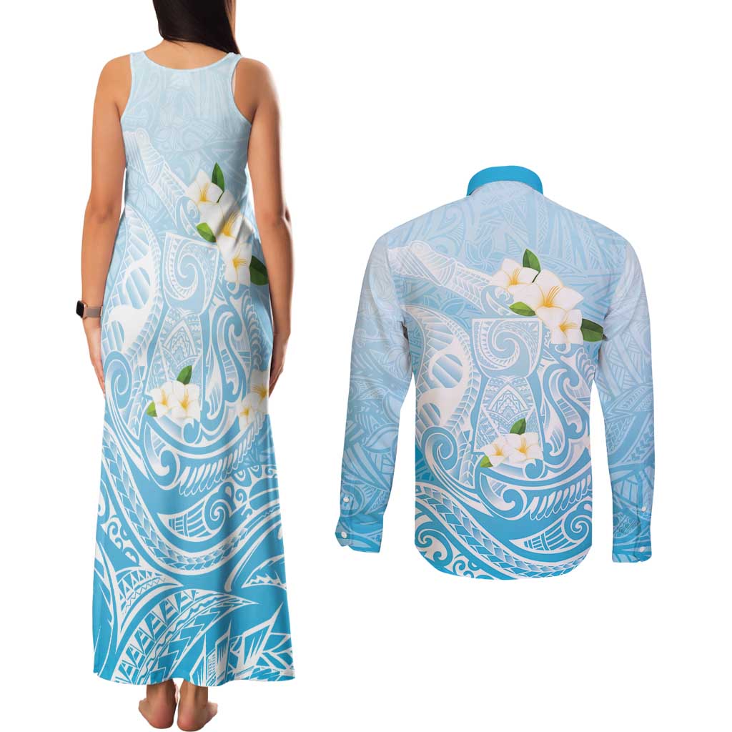 Guam Fishhook Mix Guasali Flowers Couples Matching Tank Maxi Dress and Long Sleeve Button Shirt Dreaming Turquoise LT7 - Polynesian Pride