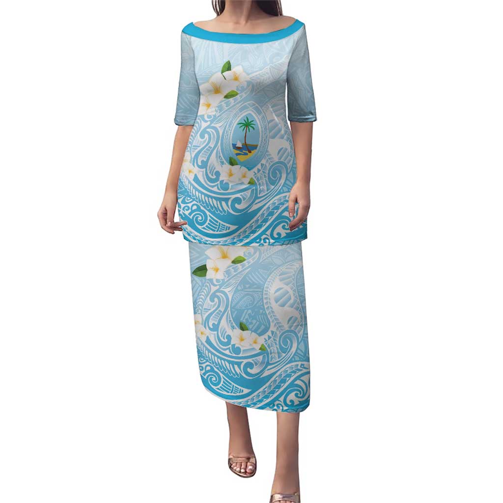 Guam Fishhook Mix Guasali Flowers Family Matching Puletasi and Hawaiian Shirt Dreaming Turquoise LT7 Mom's Dress Turquoise - Polynesian Pride
