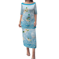 Guam Fishhook Mix Guasali Flowers Family Matching Puletasi and Hawaiian Shirt Dreaming Turquoise LT7 Mom's Dress Turquoise - Polynesian Pride