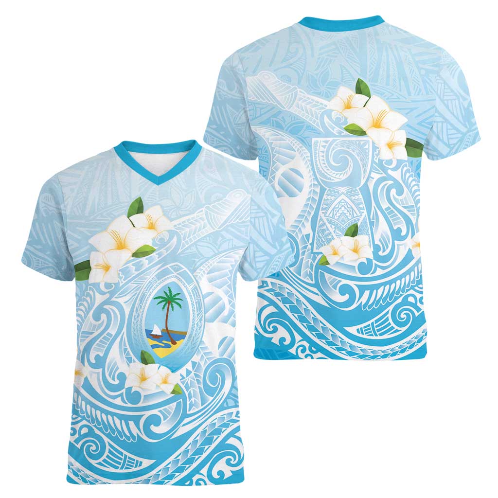 Guam Fishhook Mix Guasali Flowers Women V-Neck T-Shirt Dreaming Turquoise