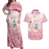 Guam Fishhook Mix Guasali Flowers Couples Matching Off Shoulder Maxi Dress and Hawaiian Shirt Dreaming Coral LT7 Pink - Polynesian Pride