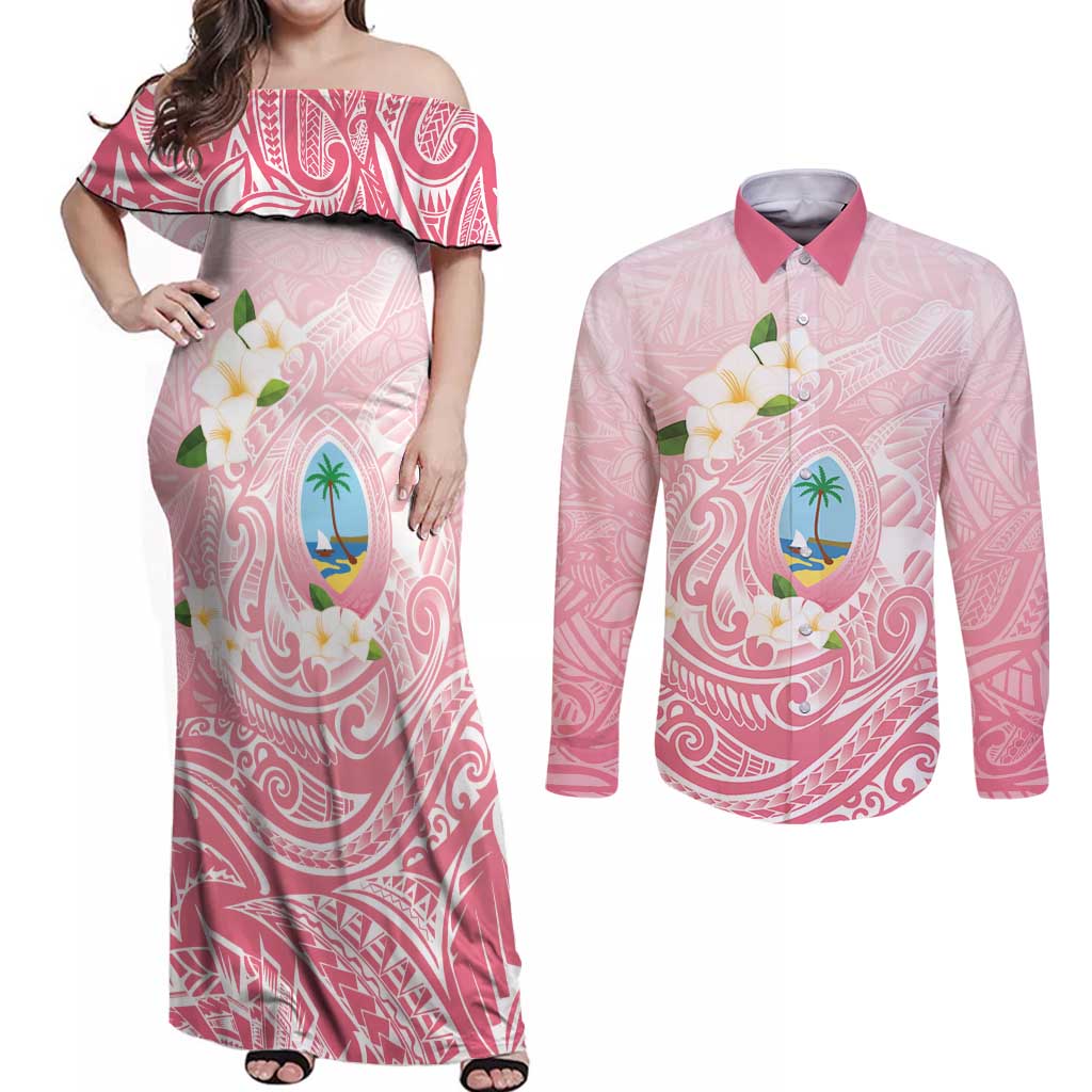 Guam Fishhook Mix Guasali Flowers Couples Matching Off Shoulder Maxi Dress and Long Sleeve Button Shirt Dreaming Coral LT7 Pink - Polynesian Pride