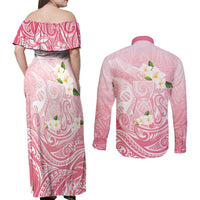 Guam Fishhook Mix Guasali Flowers Couples Matching Off Shoulder Maxi Dress and Long Sleeve Button Shirt Dreaming Coral LT7 - Polynesian Pride
