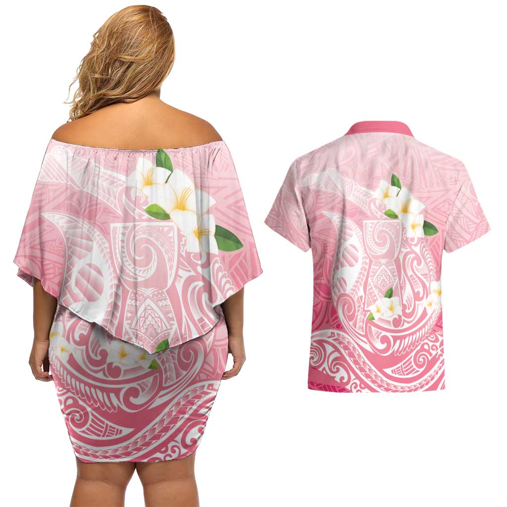 Guam Fishhook Mix Guasali Flowers Couples Matching Off Shoulder Short Dress and Hawaiian Shirt Dreaming Coral LT7 - Polynesian Pride