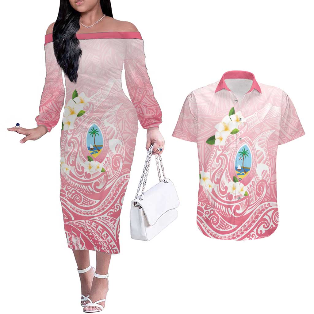Guam Fishhook Mix Guasali Flowers Couples Matching Off The Shoulder Long Sleeve Dress and Hawaiian Shirt Dreaming Coral LT7 Pink - Polynesian Pride