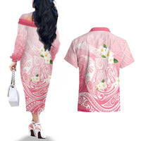 Guam Fishhook Mix Guasali Flowers Couples Matching Off The Shoulder Long Sleeve Dress and Hawaiian Shirt Dreaming Coral LT7 - Polynesian Pride