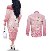 Guam Fishhook Mix Guasali Flowers Couples Matching Off The Shoulder Long Sleeve Dress and Long Sleeve Button Shirt Dreaming Coral LT7 - Polynesian Pride