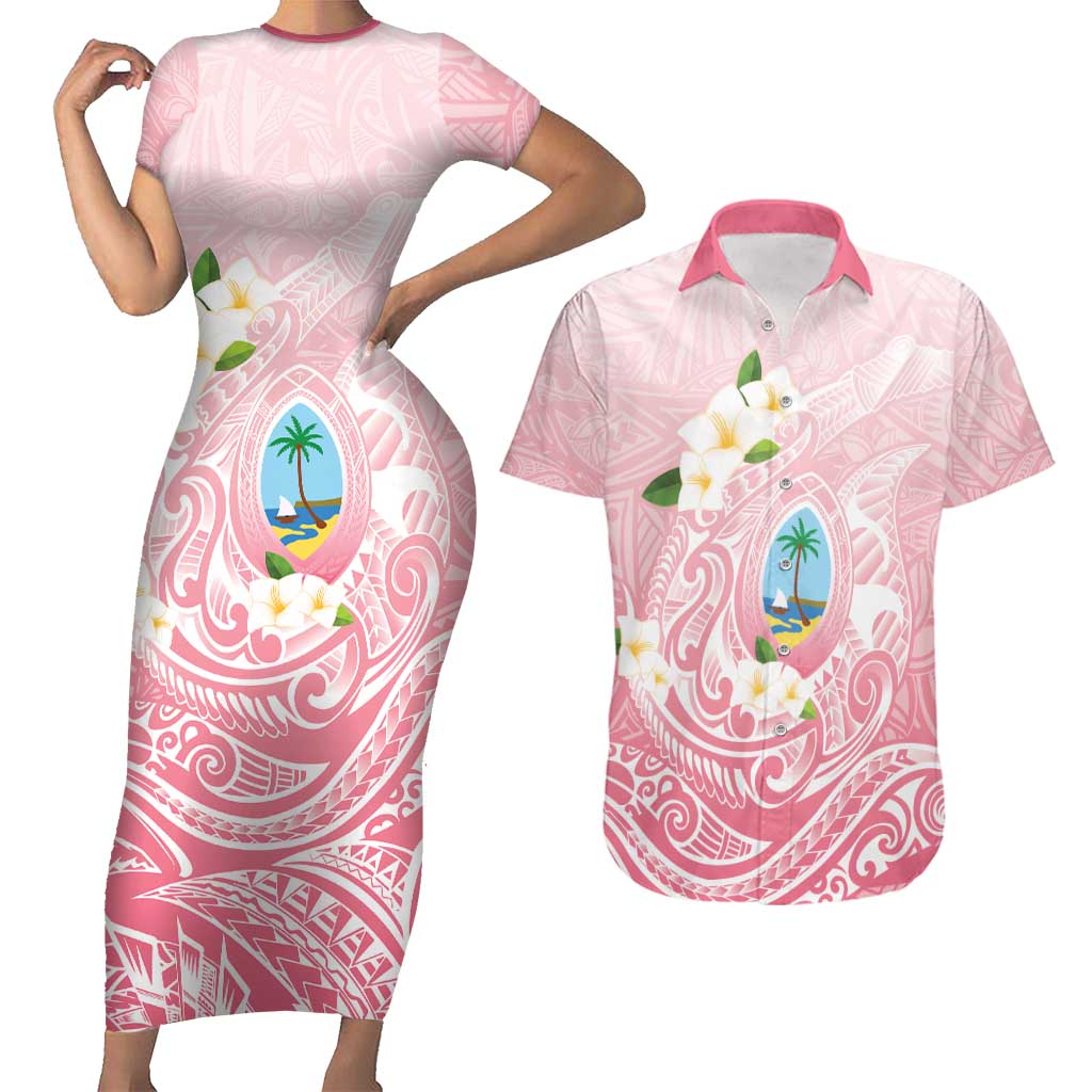 Guam Fishhook Mix Guasali Flowers Couples Matching Short Sleeve Bodycon Dress and Hawaiian Shirt Dreaming Coral