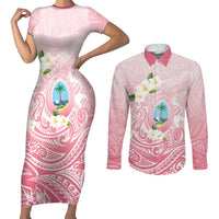 Guam Fishhook Mix Guasali Flowers Couples Matching Short Sleeve Bodycon Dress and Long Sleeve Button Shirt Dreaming Coral LT7 Pink - Polynesian Pride