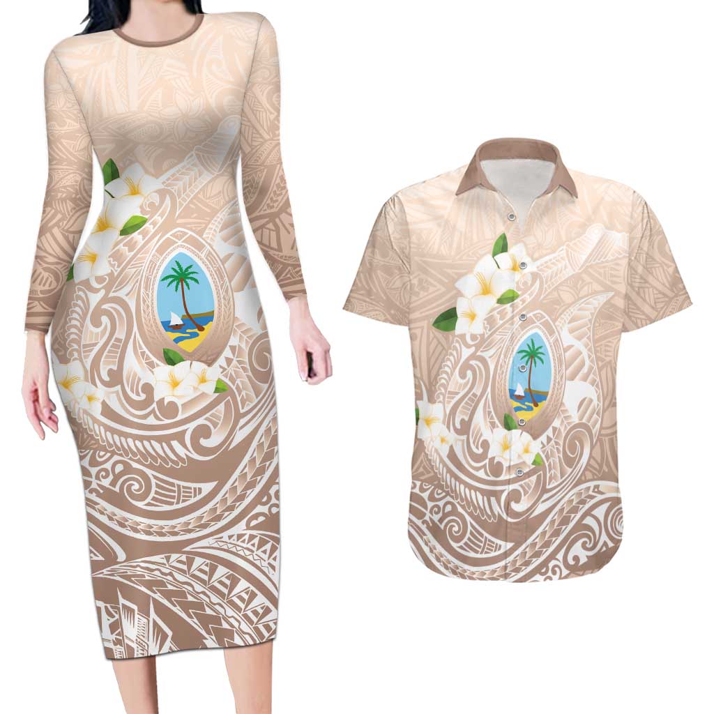 Guam Fishhook Mix Guasali Flowers Couples Matching Long Sleeve Bodycon Dress and Hawaiian Shirt Dreaming Hazel LT7 Beige - Polynesian Pride