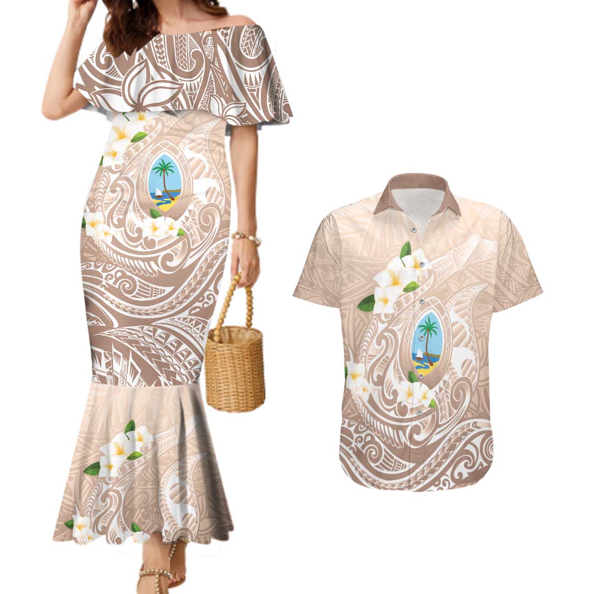 Guam Fishhook Mix Guasali Flowers Couples Matching Mermaid Dress and Hawaiian Shirt Dreaming Hazel LT7 Beige - Polynesian Pride
