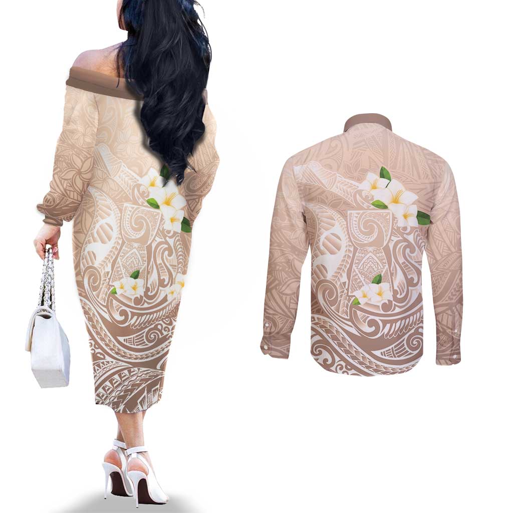 Guam Fishhook Mix Guasali Flowers Couples Matching Off The Shoulder Long Sleeve Dress and Long Sleeve Button Shirt Dreaming Hazel LT7 - Polynesian Pride