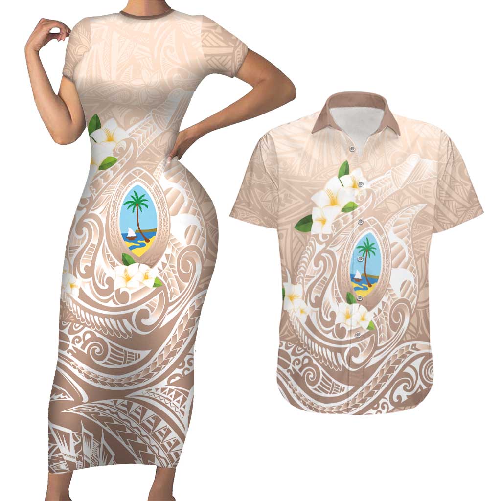 Guam Fishhook Mix Guasali Flowers Couples Matching Short Sleeve Bodycon Dress and Hawaiian Shirt Dreaming Hazel LT7 Beige - Polynesian Pride