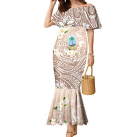 Guam Fishhook Mix Guasali Flowers Family Matching Mermaid Dress and Hawaiian Shirt Dreaming Hazel LT7 Mom's Dress Beige - Polynesian Pride