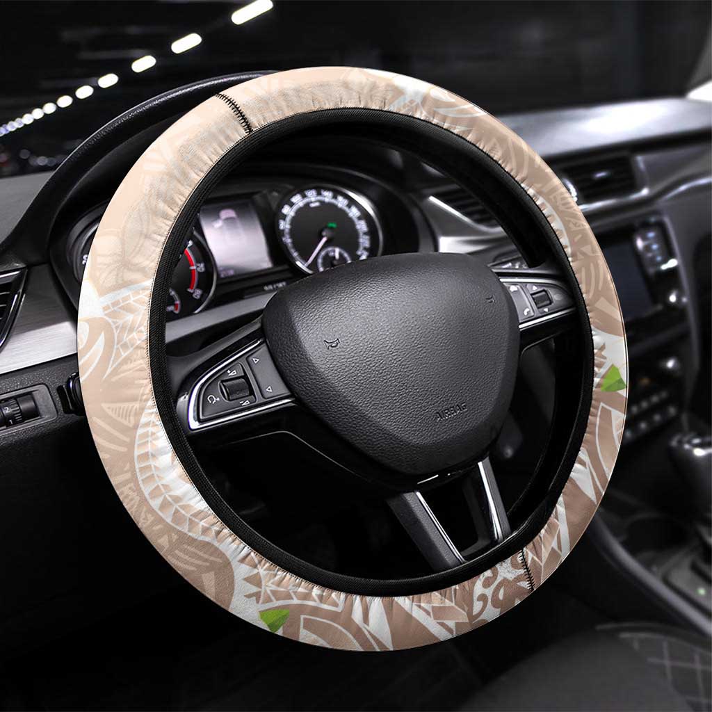 Guam Fishhook Mix Guasali Flowers Steering Wheel Cover Dreaming Hazel LT7 Universal Fit Beige - Polynesian Pride
