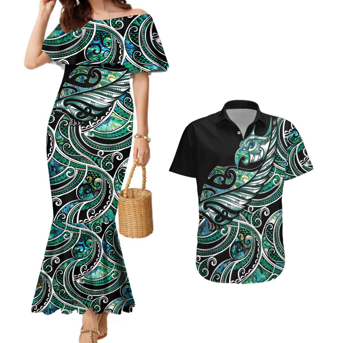 Maori Matariki - Manaia Couples Matching Mermaid Dress and Hawaiian Shirt Emerald Paua Shell