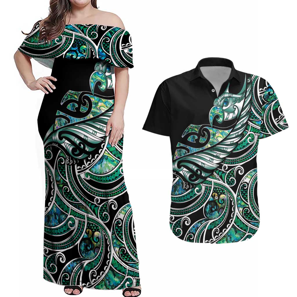 Maori Matariki - Manaia Couples Matching Off Shoulder Maxi Dress and Hawaiian Shirt Emerald Paua Shell