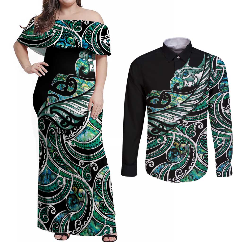 Maori Matariki - Manaia Couples Matching Off Shoulder Maxi Dress and Long Sleeve Button Shirt Emerald Paua Shell LT7 Green - Polynesian Pride