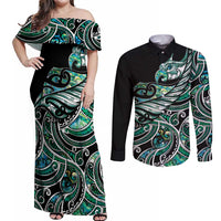 Maori Matariki - Manaia Couples Matching Off Shoulder Maxi Dress and Long Sleeve Button Shirt Emerald Paua Shell LT7 Green - Polynesian Pride
