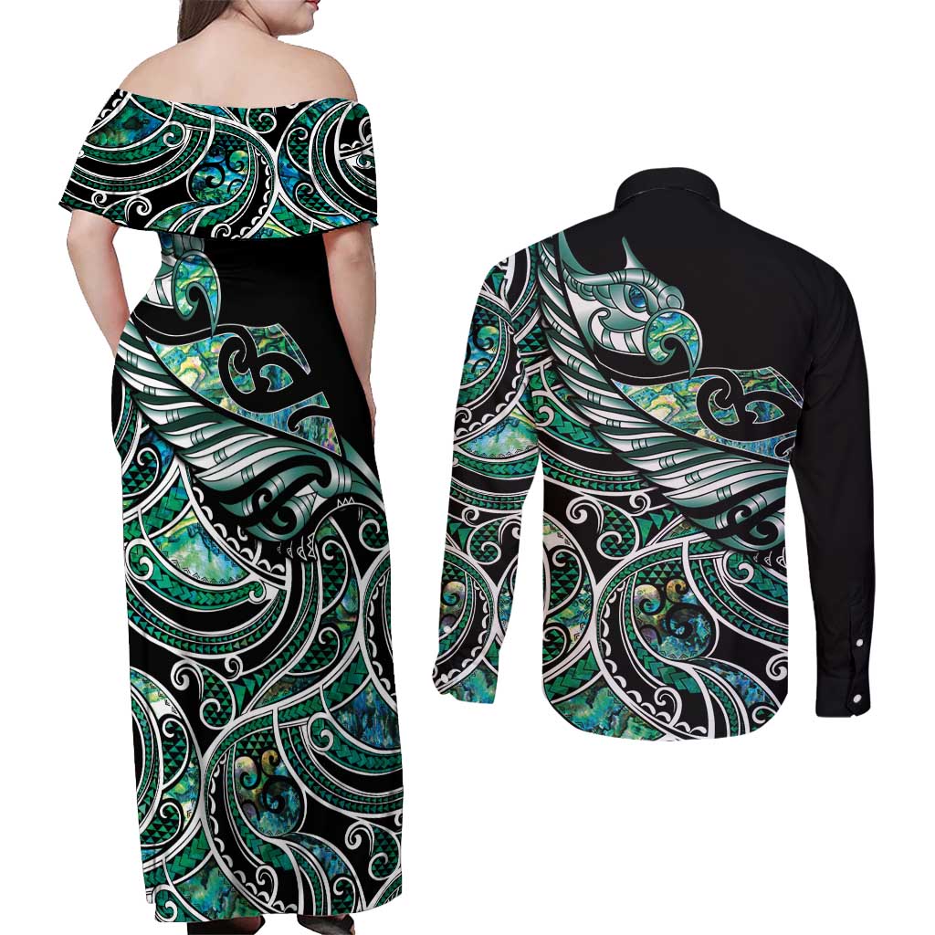 Maori Matariki - Manaia Couples Matching Off Shoulder Maxi Dress and Long Sleeve Button Shirt Emerald Paua Shell LT7 - Polynesian Pride