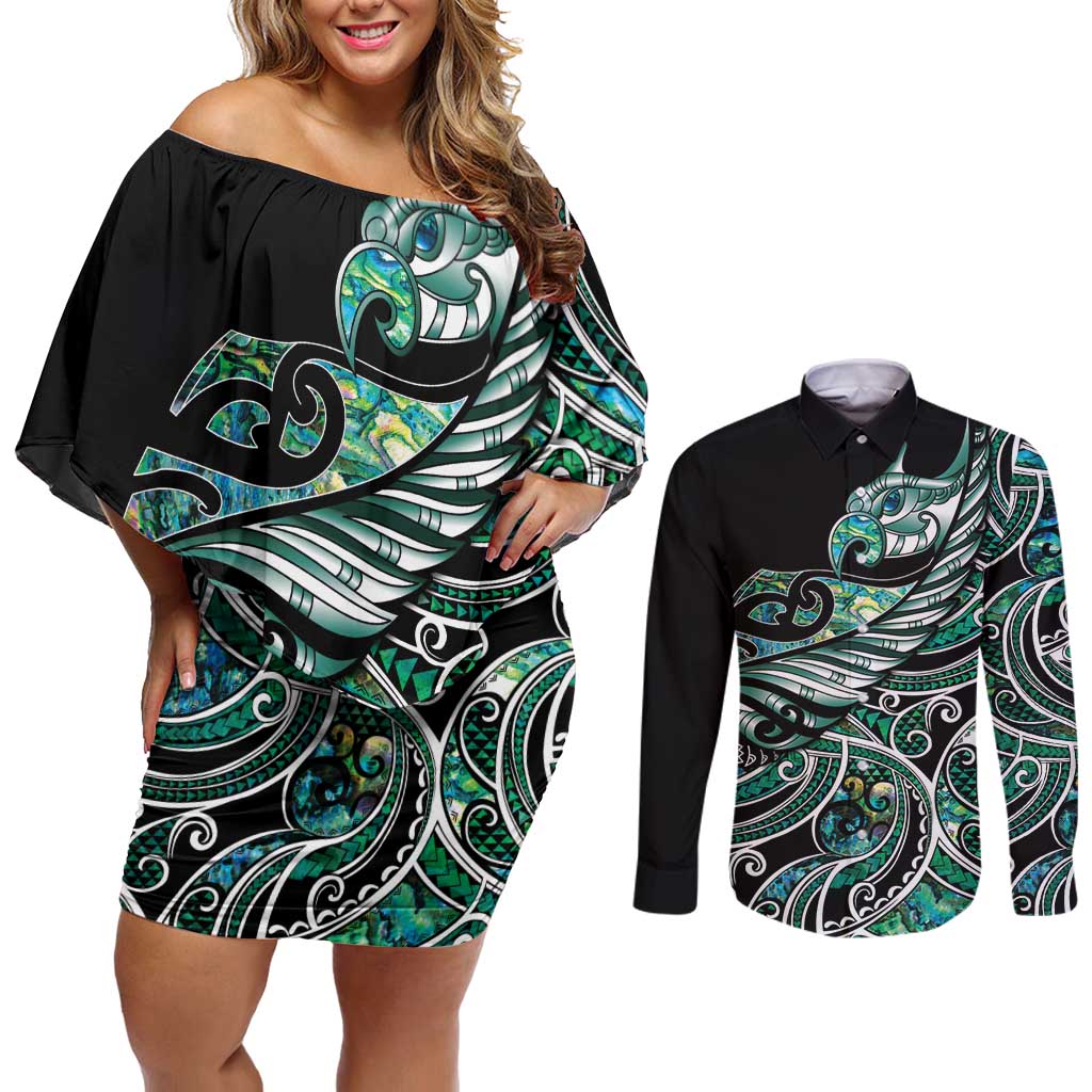 Maori Matariki - Manaia Couples Matching Off Shoulder Short Dress and Long Sleeve Button Shirt Emerald Paua Shell