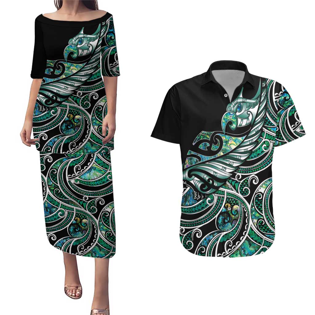 Maori Matariki - Manaia Couples Matching Puletasi and Hawaiian Shirt Emerald Paua Shell