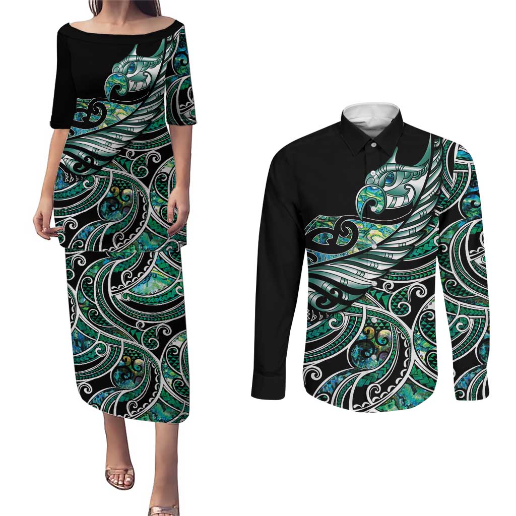 Maori Matariki - Manaia Couples Matching Puletasi and Long Sleeve Button Shirt Emerald Paua Shell