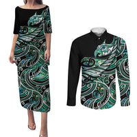 Maori Matariki - Manaia Couples Matching Puletasi and Long Sleeve Button Shirt Emerald Paua Shell