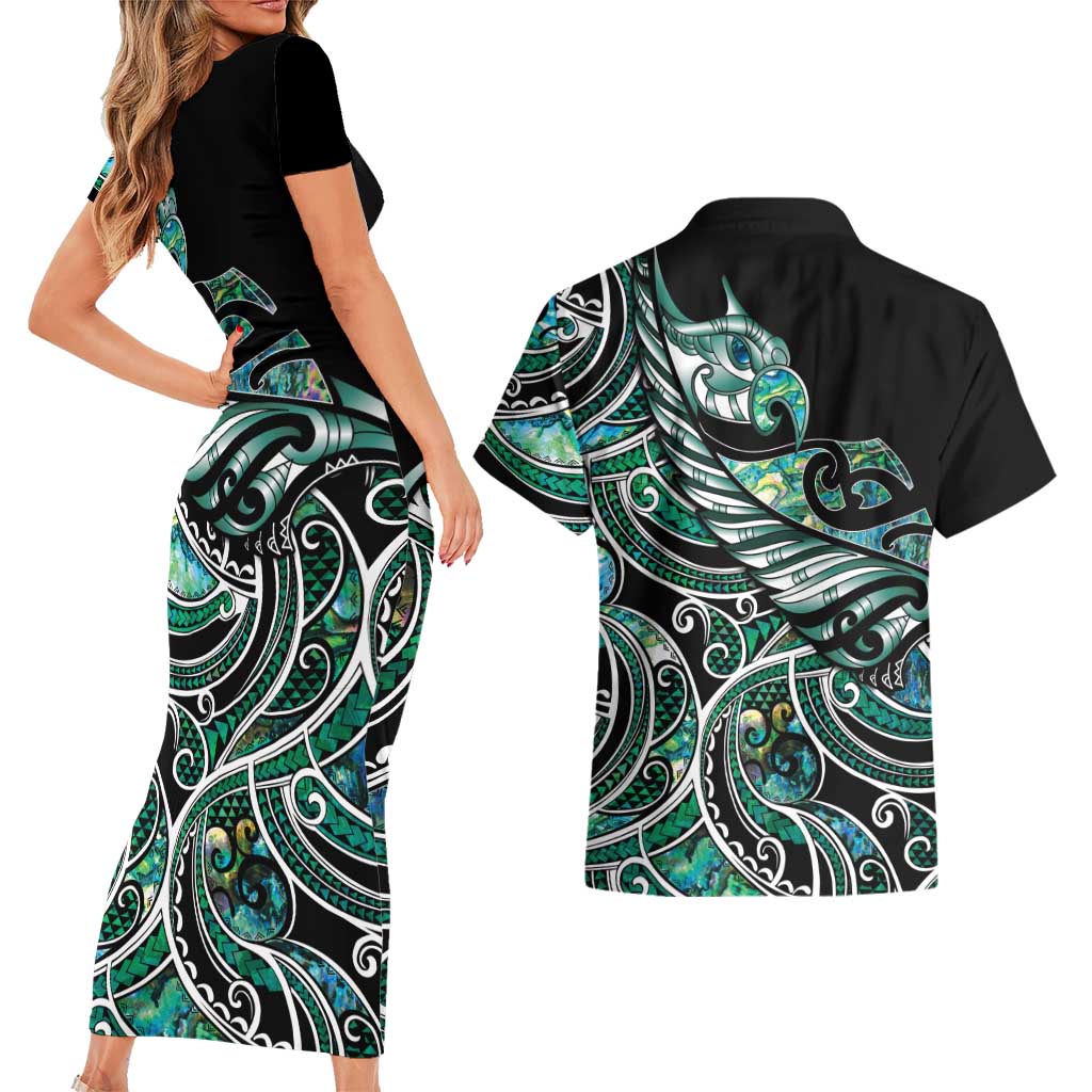 Maori Matariki - Manaia Couples Matching Short Sleeve Bodycon Dress and Hawaiian Shirt Emerald Paua Shell