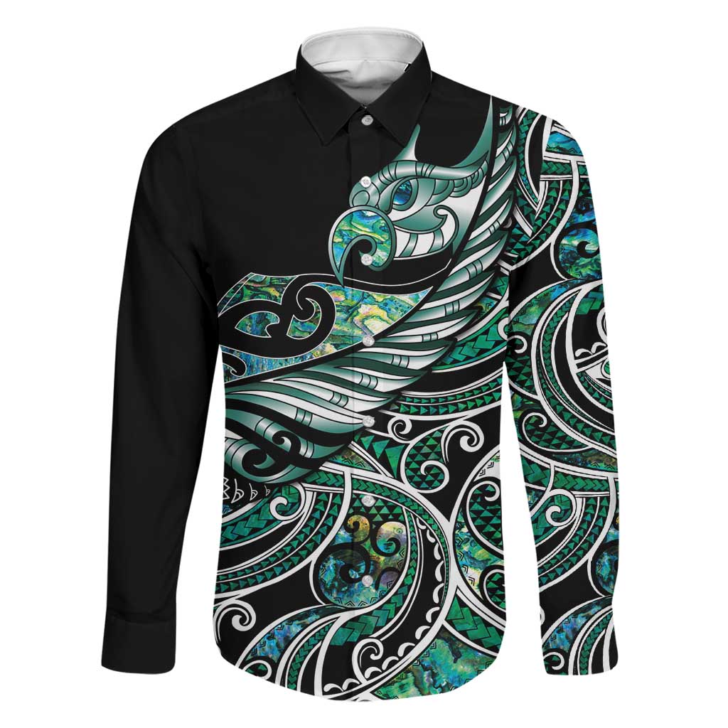 Maori Matariki - Manaia Family Matching Mermaid Dress and Hawaiian Shirt Emerald Paua Shell LT7 Dad's Shirt - Long Sleeve Green - Polynesian Pride