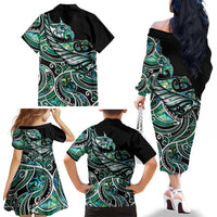 Maori Matariki - Manaia Family Matching Off The Shoulder Long Sleeve Dress and Hawaiian Shirt Emerald Paua Shell LT7 - Polynesian Pride