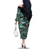 Maori Matariki - Manaia Family Matching Off The Shoulder Long Sleeve Dress and Hawaiian Shirt Emerald Paua Shell LT7 - Polynesian Pride