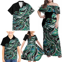 Maori Matariki - Manaia Family Matching Off Shoulder Maxi Dress and Hawaiian Shirt Emerald Paua Shell LT7 - Polynesian Pride