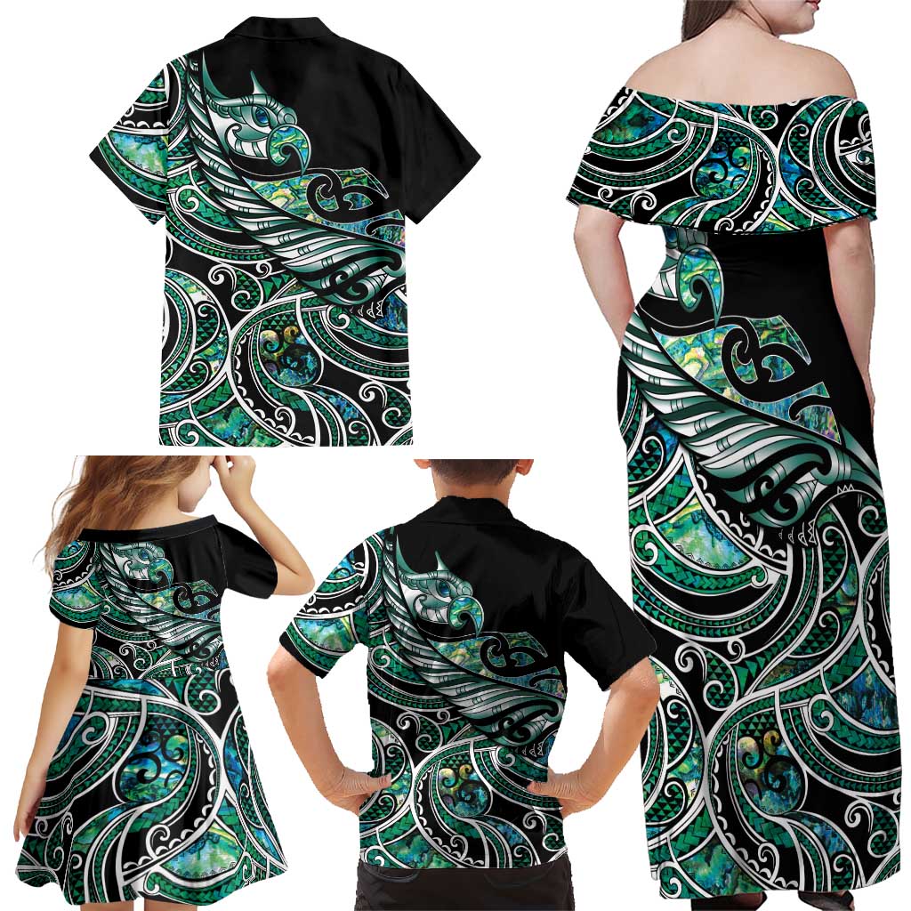 Maori Matariki - Manaia Family Matching Off Shoulder Maxi Dress and Hawaiian Shirt Emerald Paua Shell LT7 - Polynesian Pride