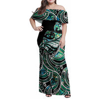 Maori Matariki - Manaia Family Matching Off Shoulder Maxi Dress and Hawaiian Shirt Emerald Paua Shell LT7 Mom's Dress Green - Polynesian Pride