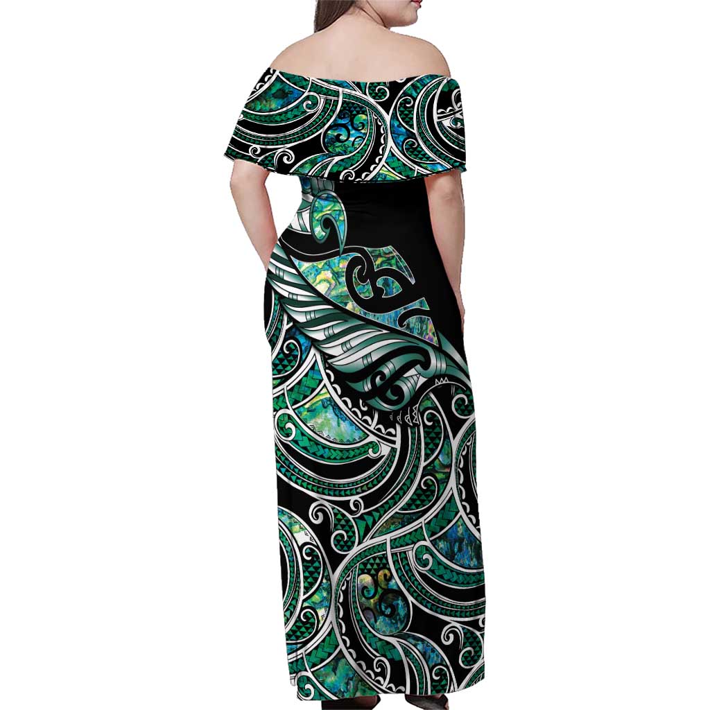 Maori Matariki - Manaia Family Matching Off Shoulder Maxi Dress and Hawaiian Shirt Emerald Paua Shell LT7 - Polynesian Pride