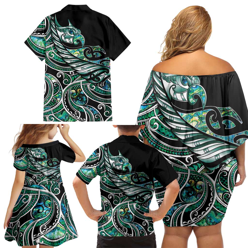 Maori Matariki - Manaia Family Matching Off Shoulder Short Dress and Hawaiian Shirt Emerald Paua Shell LT7 - Polynesian Pride