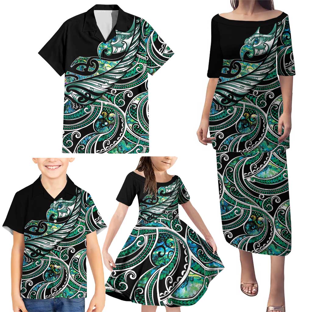 Maori Matariki - Manaia Family Matching Puletasi and Hawaiian Shirt Emerald Paua Shell